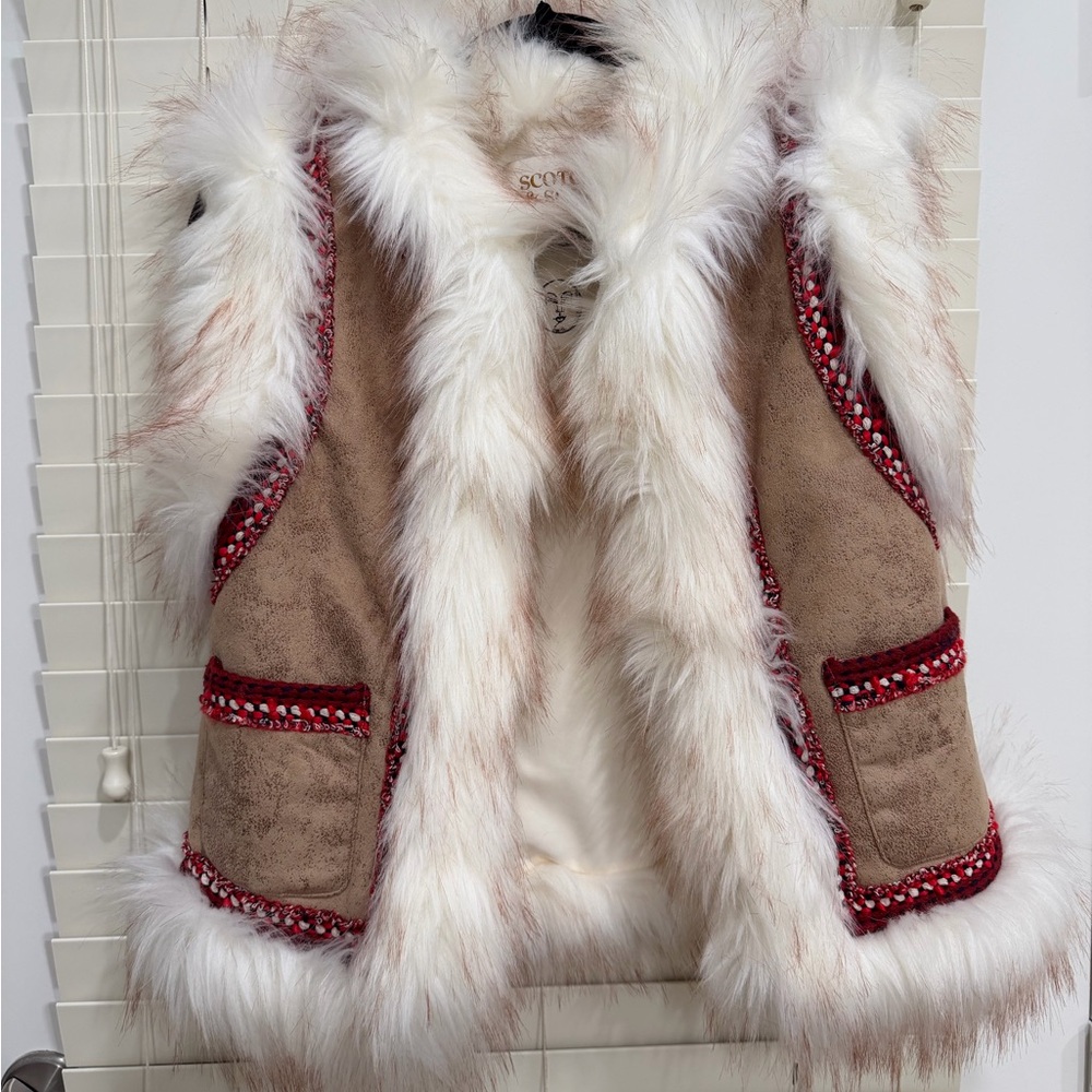 Anthropologie Tan and White Faux Fur Vest